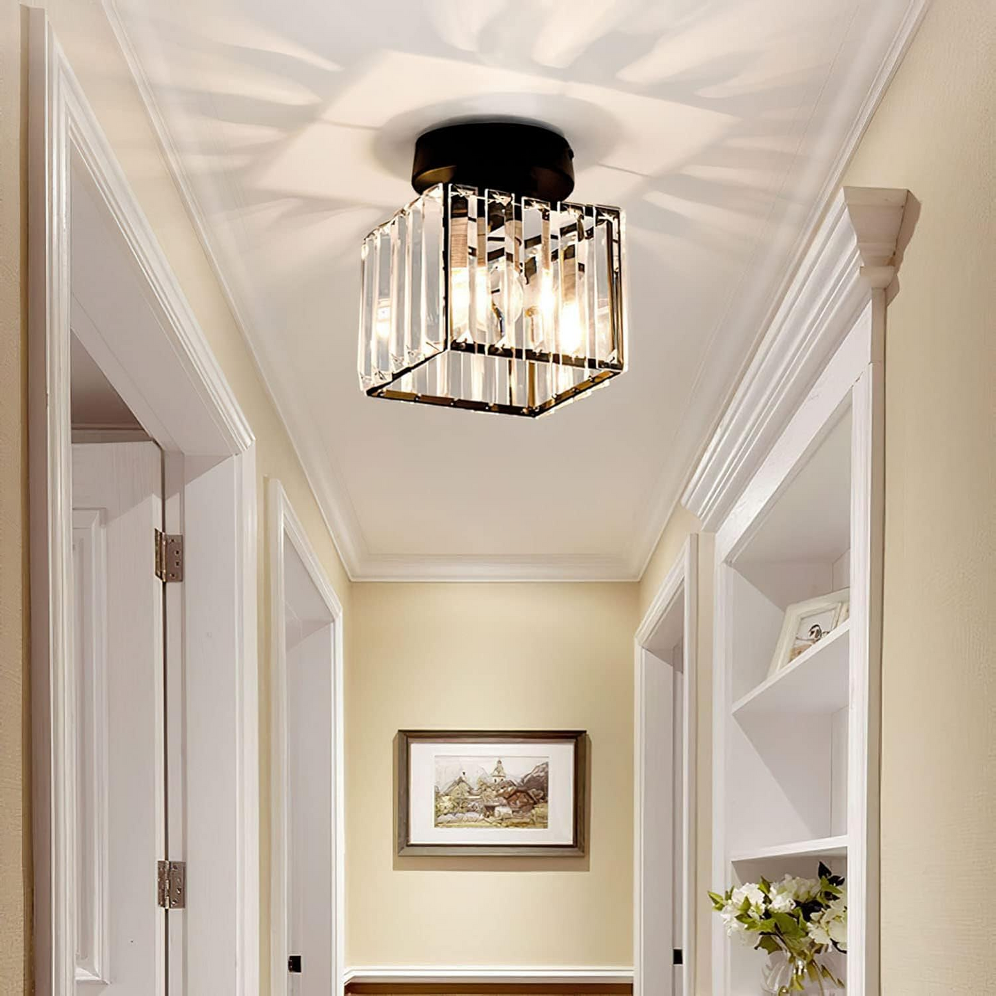 Modern Simplicity Ceiling Light | Clear Striped Glass Shade | Semi Flush Design | Brass & Crystal | Brick by Brick London 1