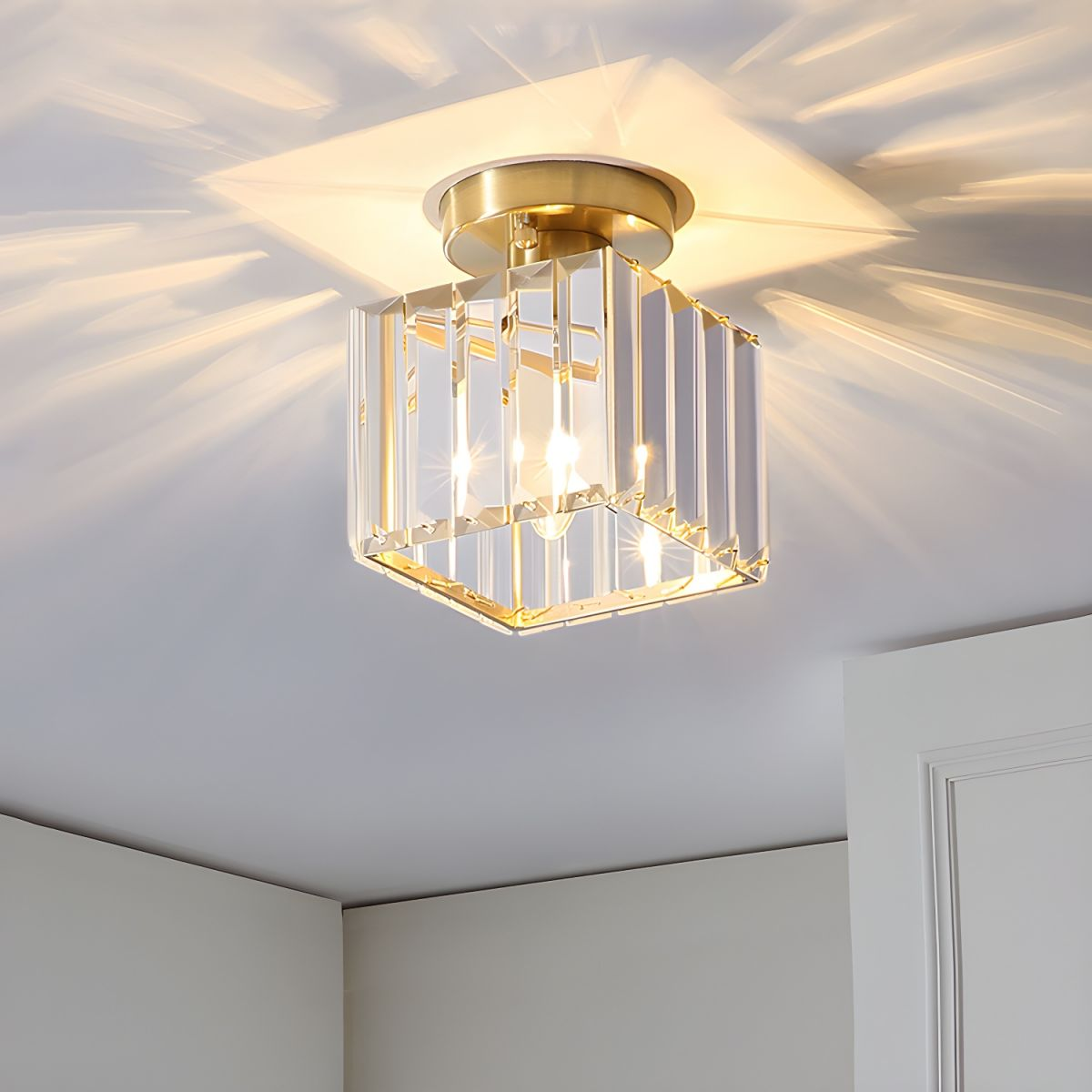 Modern Simplicity Ceiling Light | Clear Striped Glass Shade | Semi Flush Design | Brass & Crystal | Brick by Brick London 14