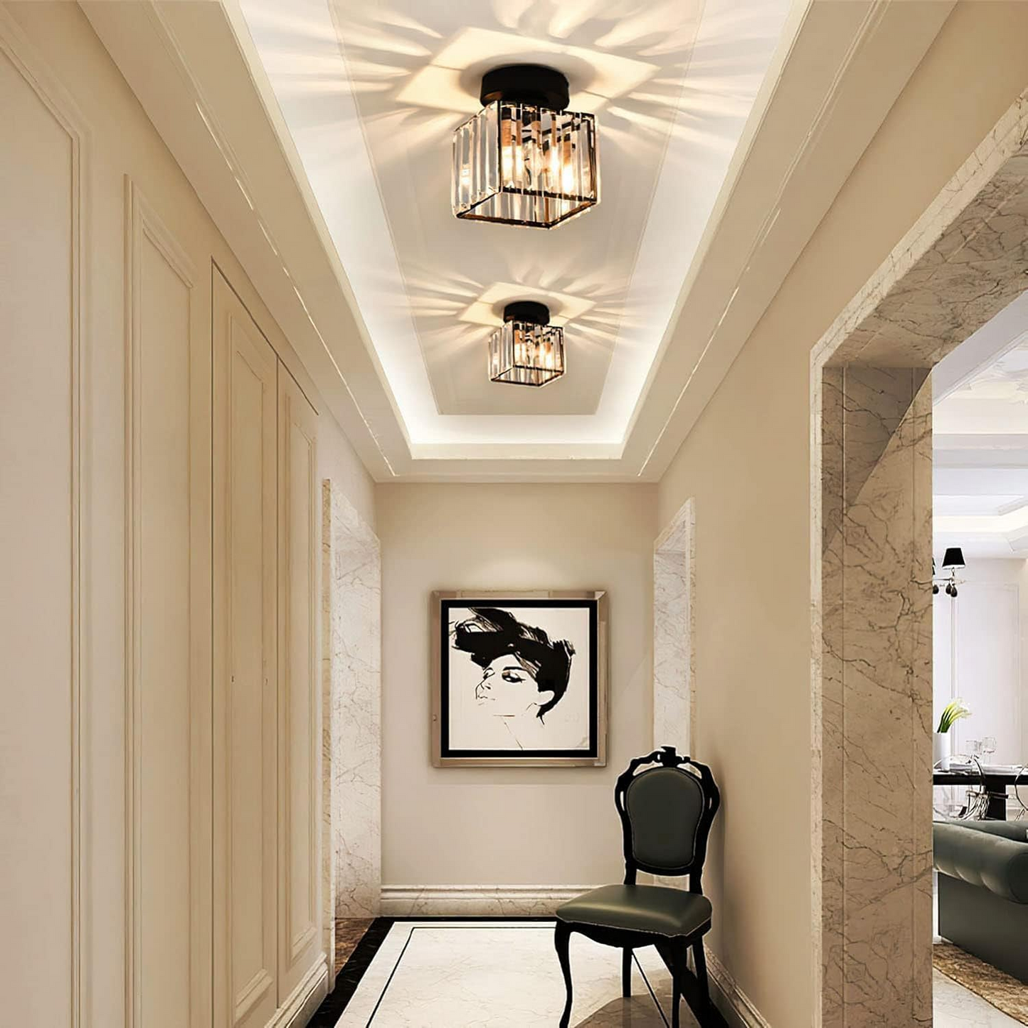 Modern Simplicity Ceiling Light | Clear Striped Glass Shade | Semi Flush Design | Brass & Crystal | Brick by Brick London 7