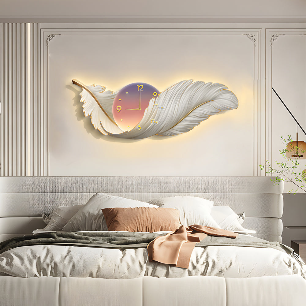 Wall Lamp – Feather Design – Size Options: 39.4 × 13.8 inches, 47.2 × 16.9 inches, 59.1 × 19.7 inches – LED Light with Integrated Clock 1