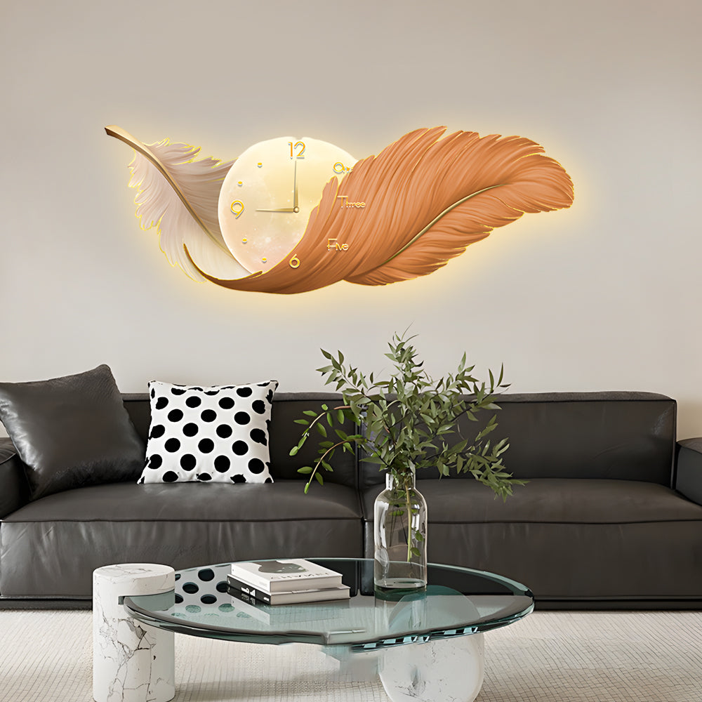 Wall Lamp – Feather Design – Size Options: 39.4 × 13.8 inches, 47.2 × 16.9 inches, 59.1 × 19.7 inches – LED Light with Integrated Clock 2
