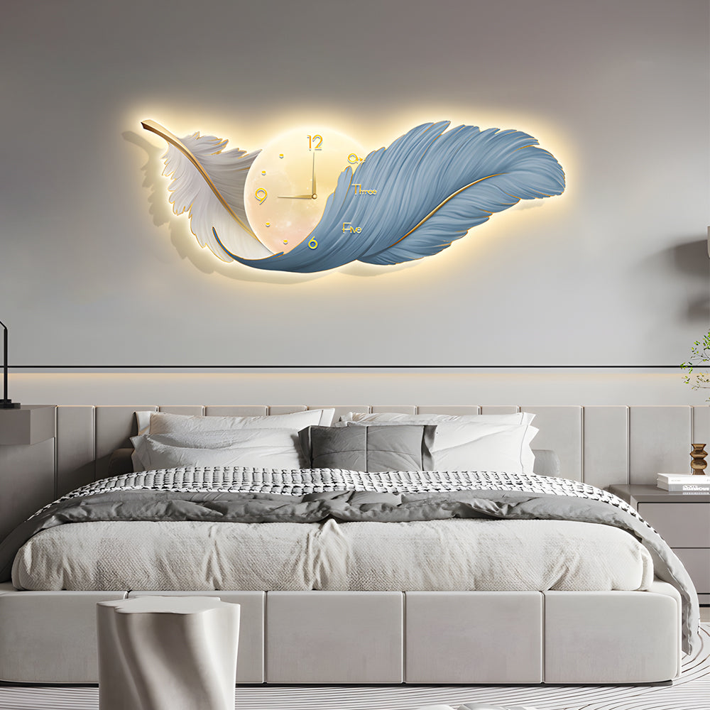 Wall Lamp – Feather Design – Size Options: 39.4 × 13.8 inches, 47.2 × 16.9 inches, 59.1 × 19.7 inches – LED Light with Integrated Clock 3