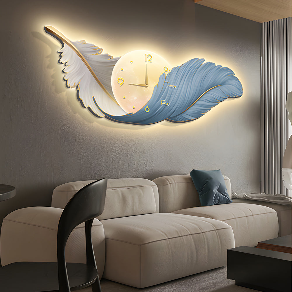 Wall Lamp – Feather Design – Size Options: 39.4 × 13.8 inches, 47.2 × 16.9 inches, 59.1 × 19.7 inches – LED Light with Integrated Clock 4