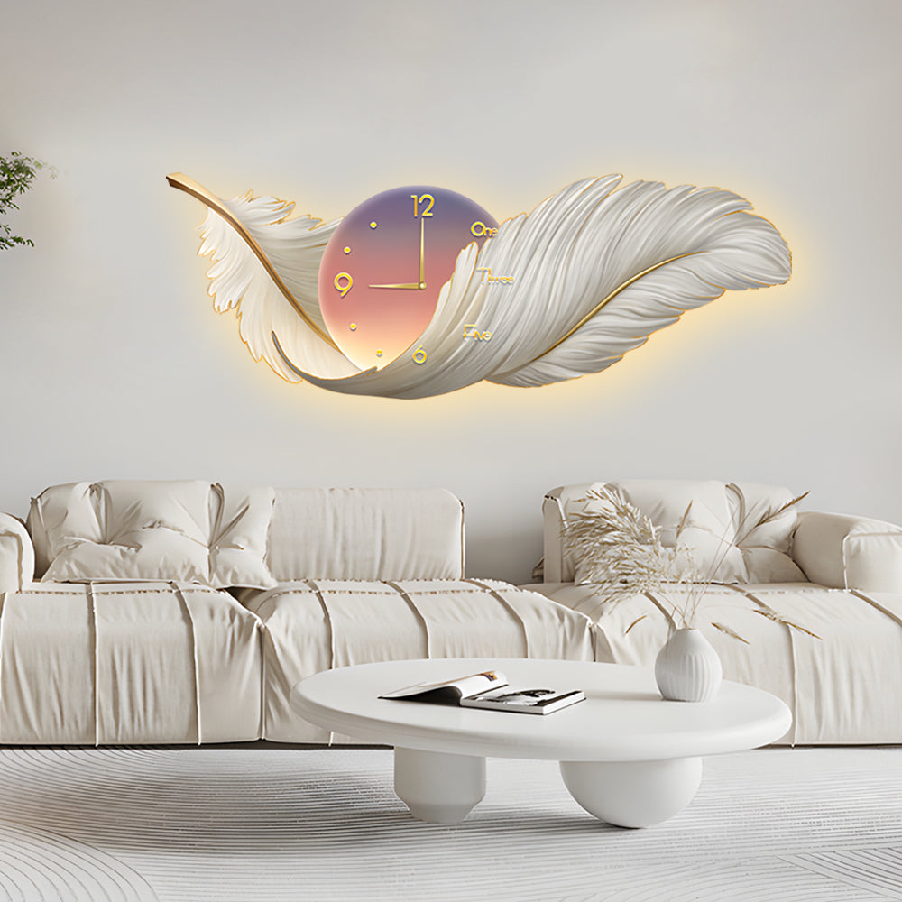 Wall Lamp – Feather Design – Size Options: 39.4 × 13.8 inches, 47.2 × 16.9 inches, 59.1 × 19.7 inches – LED Light with Integrated Clock 6