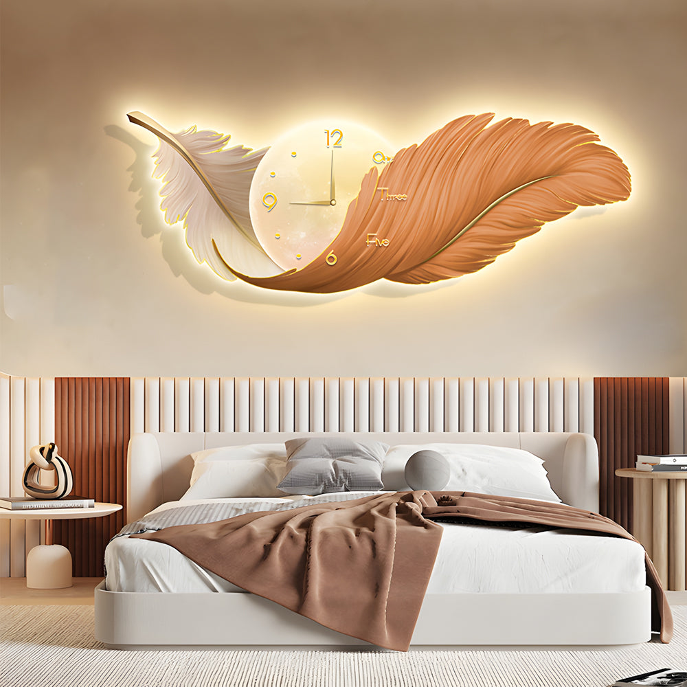 Wall Lamp – Feather Design – Size Options: 39.4 × 13.8 inches, 47.2 × 16.9 inches, 59.1 × 19.7 inches – LED Light with Integrated Clock 7
