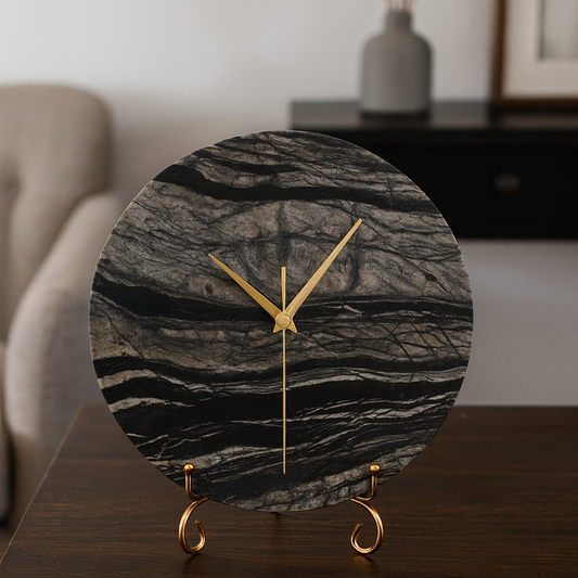 Round Marble Clock | 6 x 0.4 in | Cloudy Black Stone with Gold Hands | Rustic Accent | Brick by Brick