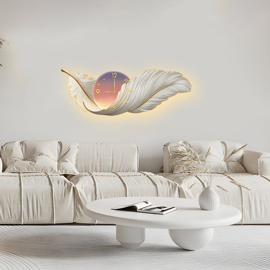 Wall Lamp – Feather Design – Size Options: 39.4 × 13.8 inches, 47.2 × 16.9 inches, 59.1 × 19.7 inches – LED Light with Integrated Clock 0