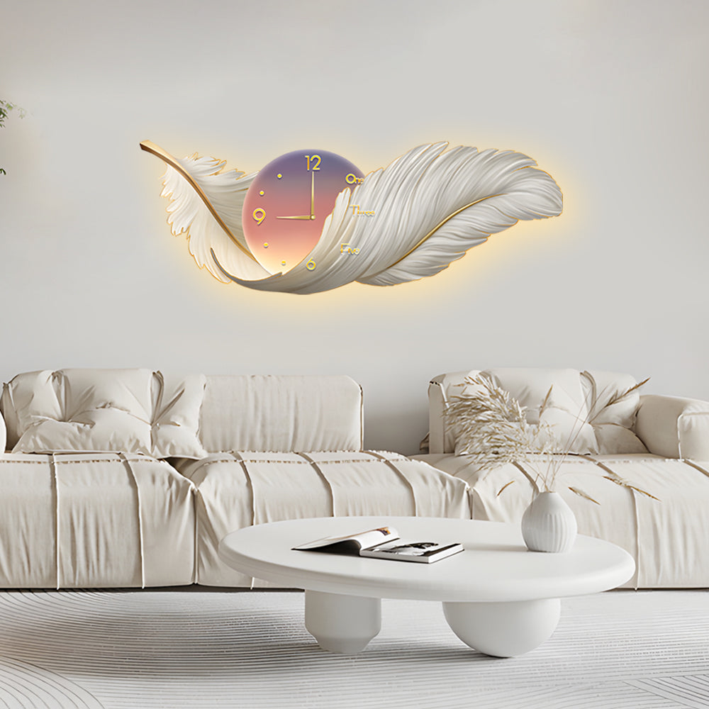 Wall Lamp – Feather Design – Size Options: 39.4 × 13.8 inches, 47.2 × 16.9 inches, 59.1 × 19.7 inches – LED Light with Integrated Clock 5